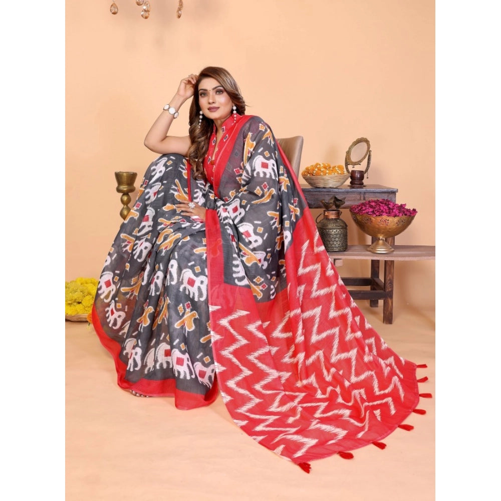 Women's Linen Cotton Printed Saree With Unstitched Blouse 5.5Mtr (Grey)