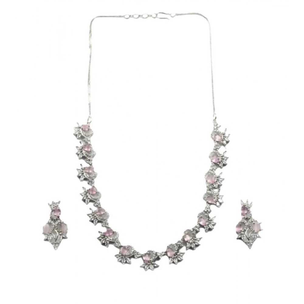 Women's Brass Silver Plated Necklace set (Pink)