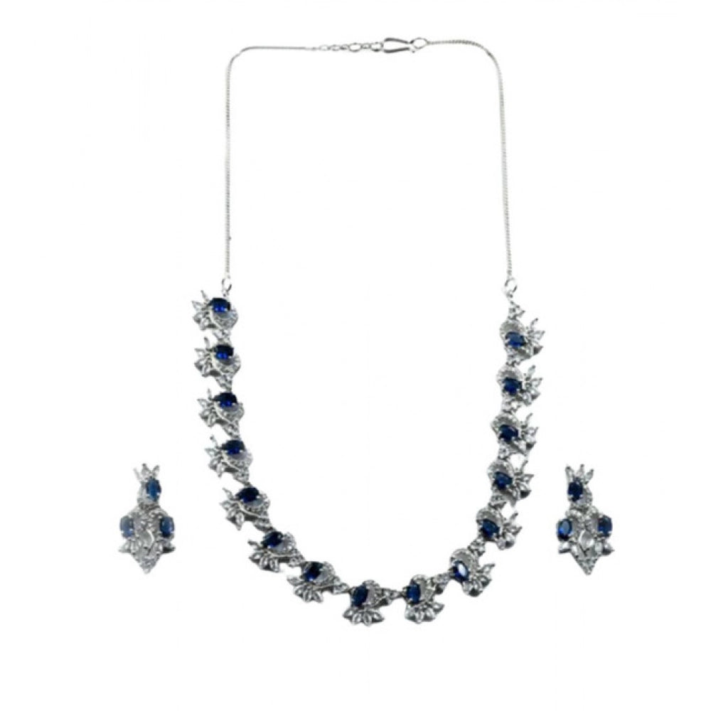 Women's Brass Silver Plated Necklace set (Blue)