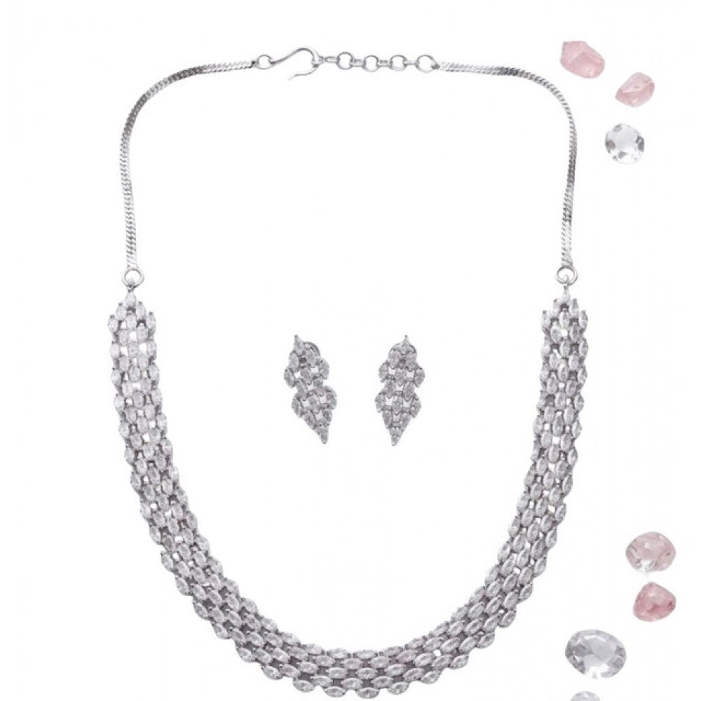 Women's Brass Silver Plated Necklace set (Silver)
