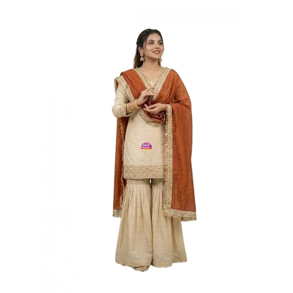 Women's Silk Embroidered 3/4th Sleeve V-Neck Kurti With Sharara Pant and Dupatta Set (Cream &amp; Orange)