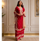 Women's Silk Embroidered 3/4th Sleeve Round Readymade Kurti With Palazzo Pant and Dupatta Set (Red)