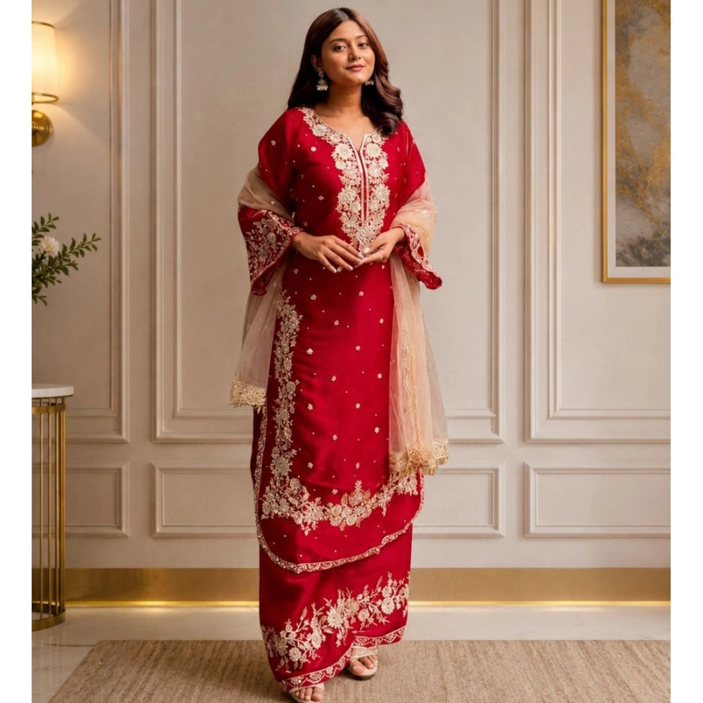 Women's Silk Embroidered 3/4th Sleeve Round Readymade Kurti With Palazzo Pant and Dupatta Set (Red)