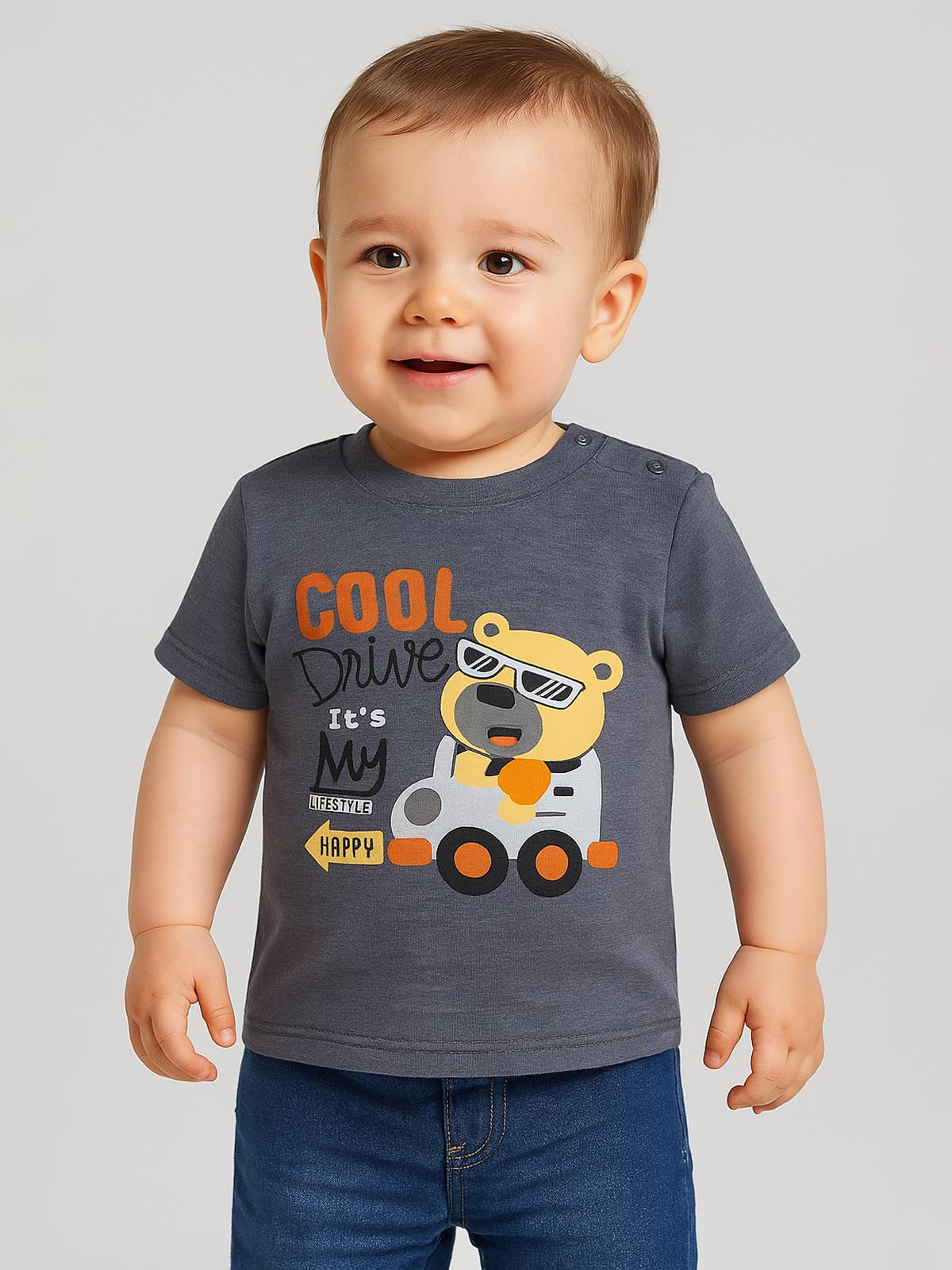 Baby Boys Printed Dark Grey T-Shirt