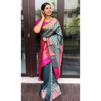 Women's Litchi silk Printed Saree With Unstitched Blouse (Blue)