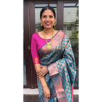 Women's Litchi silk Printed Saree With Unstitched Blouse (Blue)