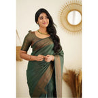 Women's Litchi silk Printed Saree With Unstitched Blouse (Green)