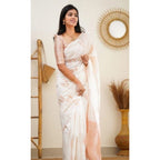 Women's Litchi silk Printed Saree With Unstitched Blouse (White)