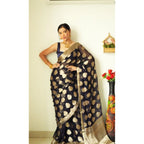 Women's Litchi silk Printed Saree With Unstitched Blouse (Black)