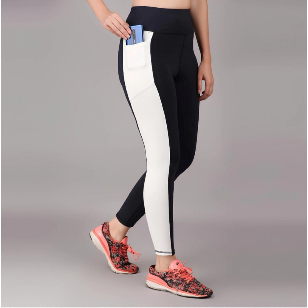 Women's Polyester Solid Ankle length High Waisted Tights (Navy Blue)