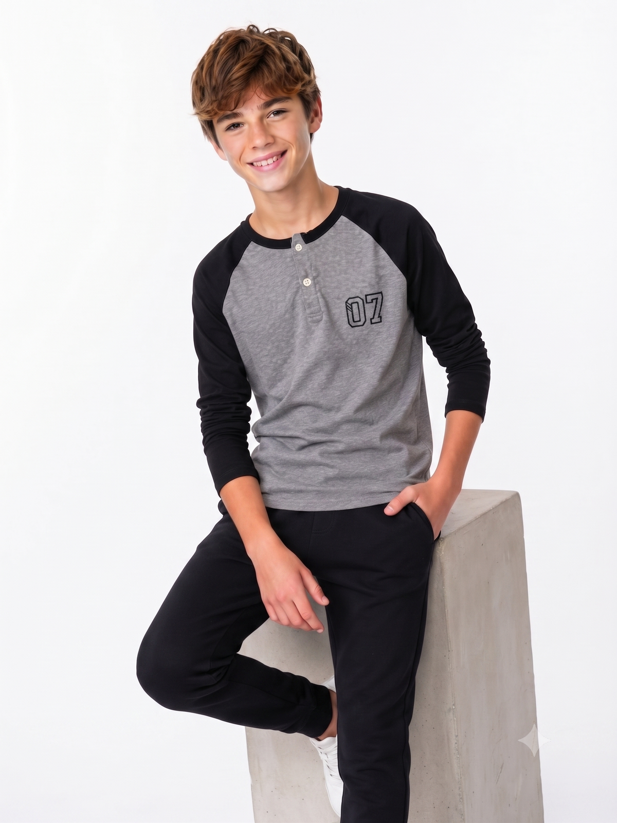 Boys Waffle Henley Grey T-Shirt