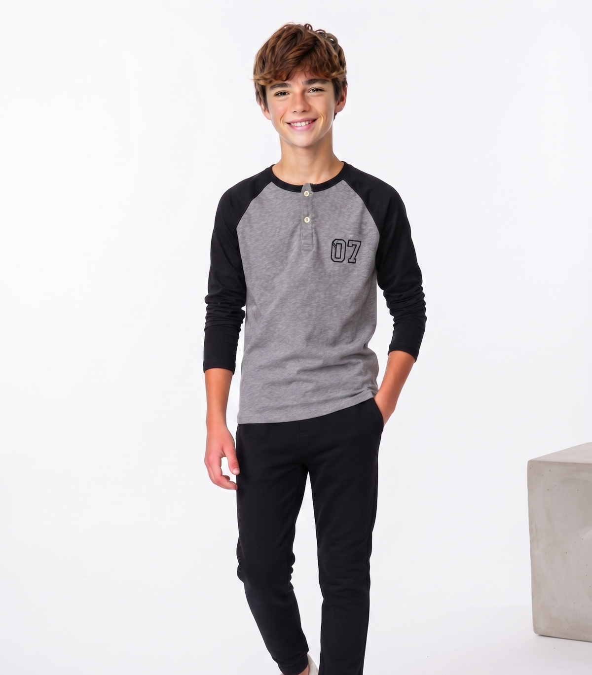 Boys Waffle Henley Grey T-Shirt