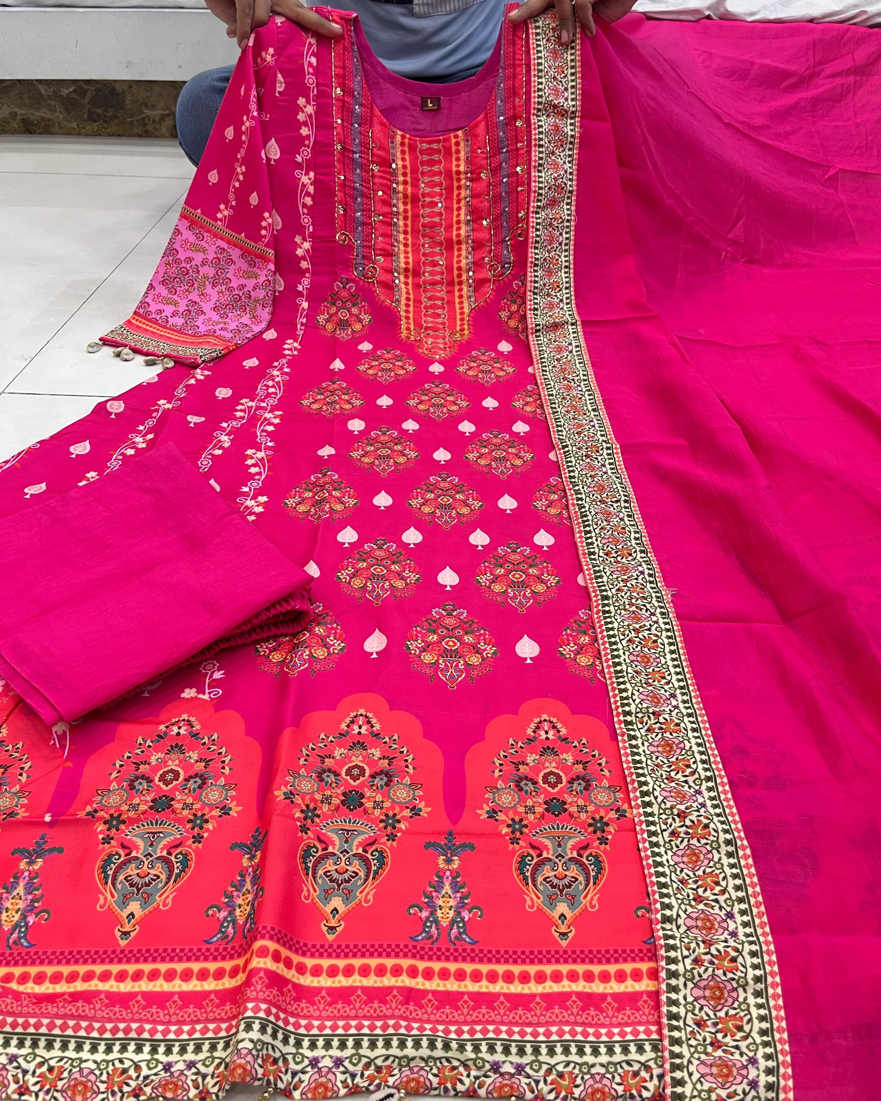 Pakistani Reshmi Suit Set | Pure Diamond Silk with Schiffli Hand Work