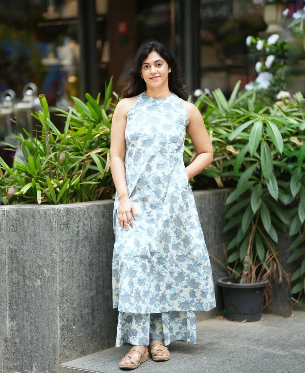 Halter Neck A-Line Kurta Palazzo Set with Print Work