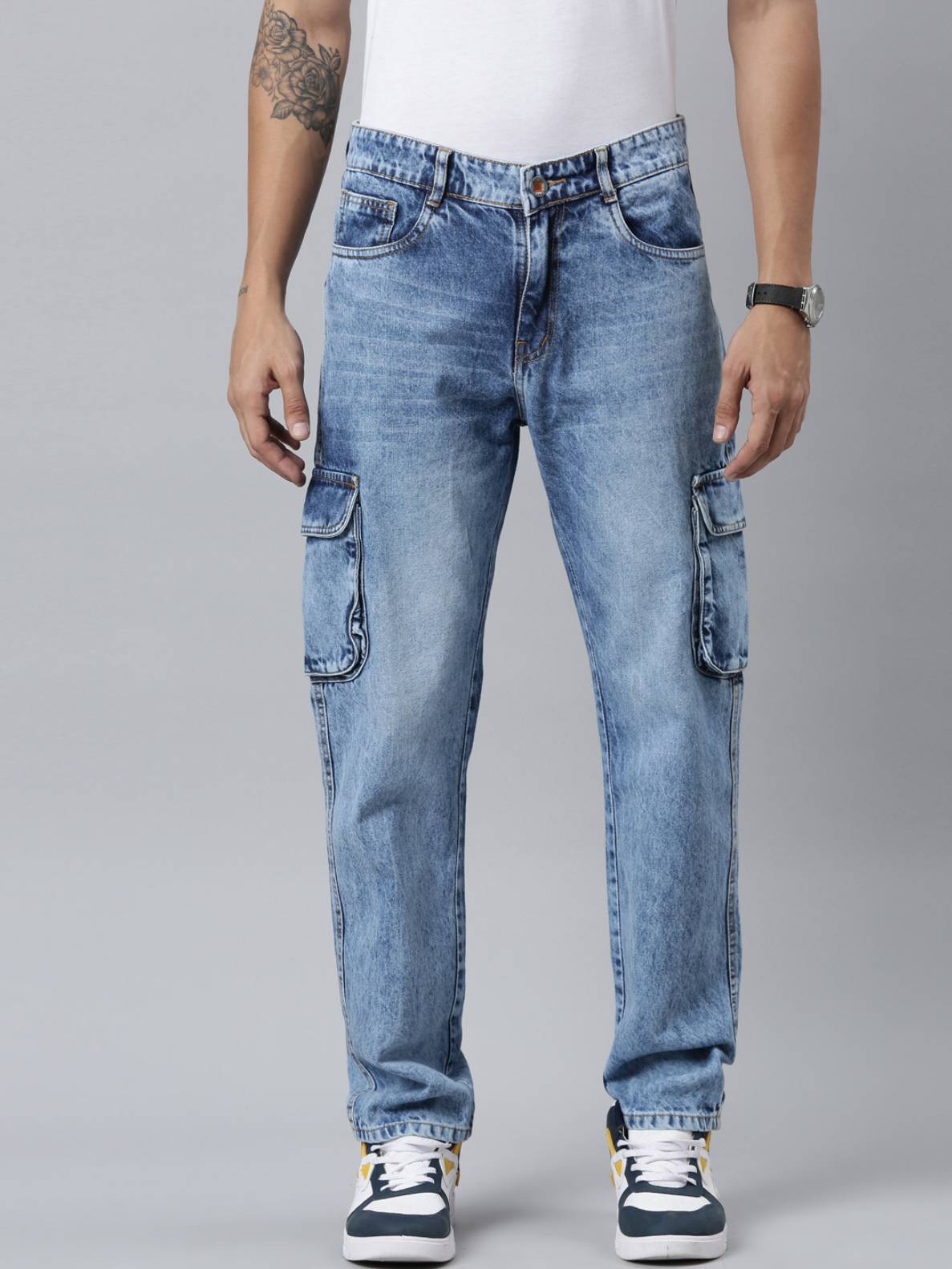 Mens Denim Blue Cargo Jeans