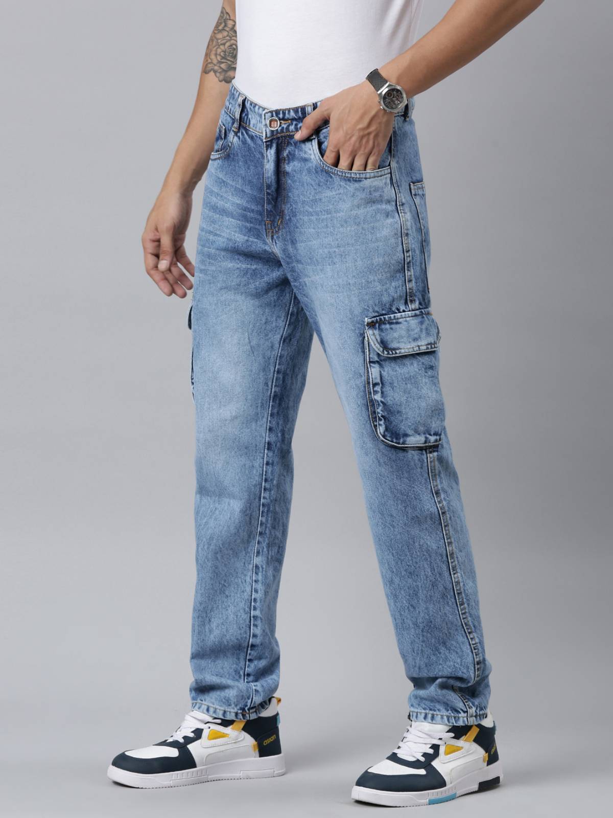 Mens Denim Blue Cargo Jeans