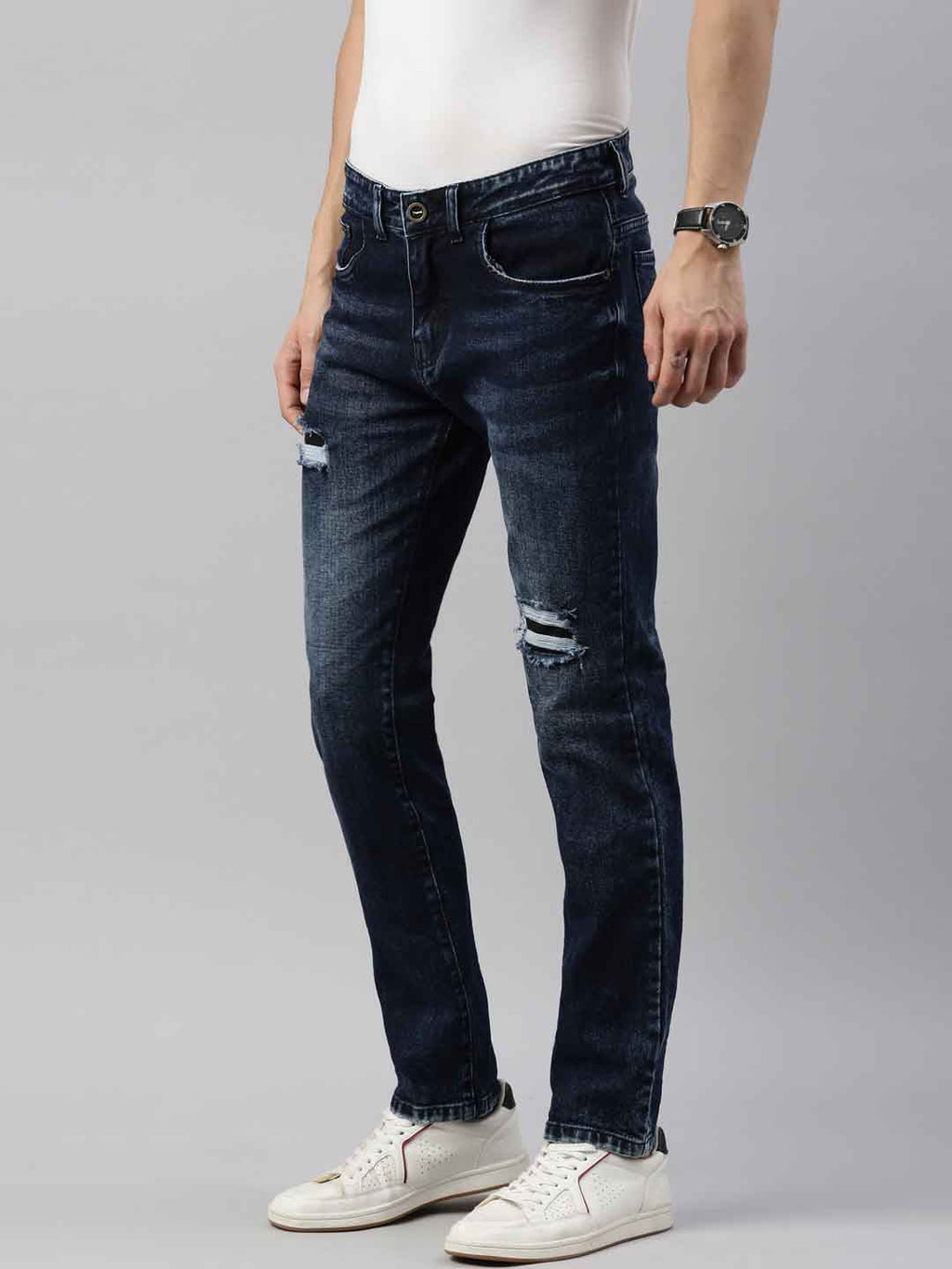 Mens Washed Navy Distressed Jeans