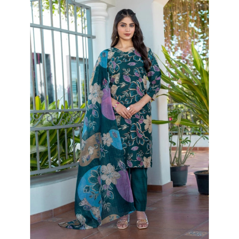 Women's Cotton Blend Printed Kurti With Pant Dupatta Set (Rama)
