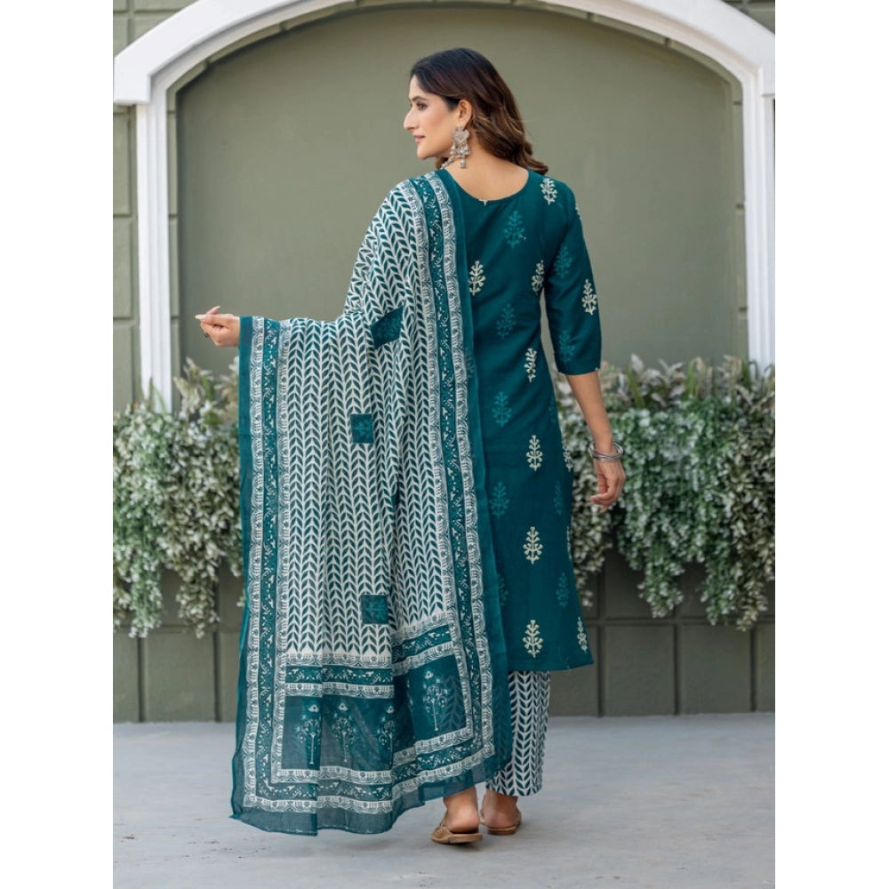 Women's Cotton Blend Printed Kurti With Pant Dupatta Set (Morpichh)