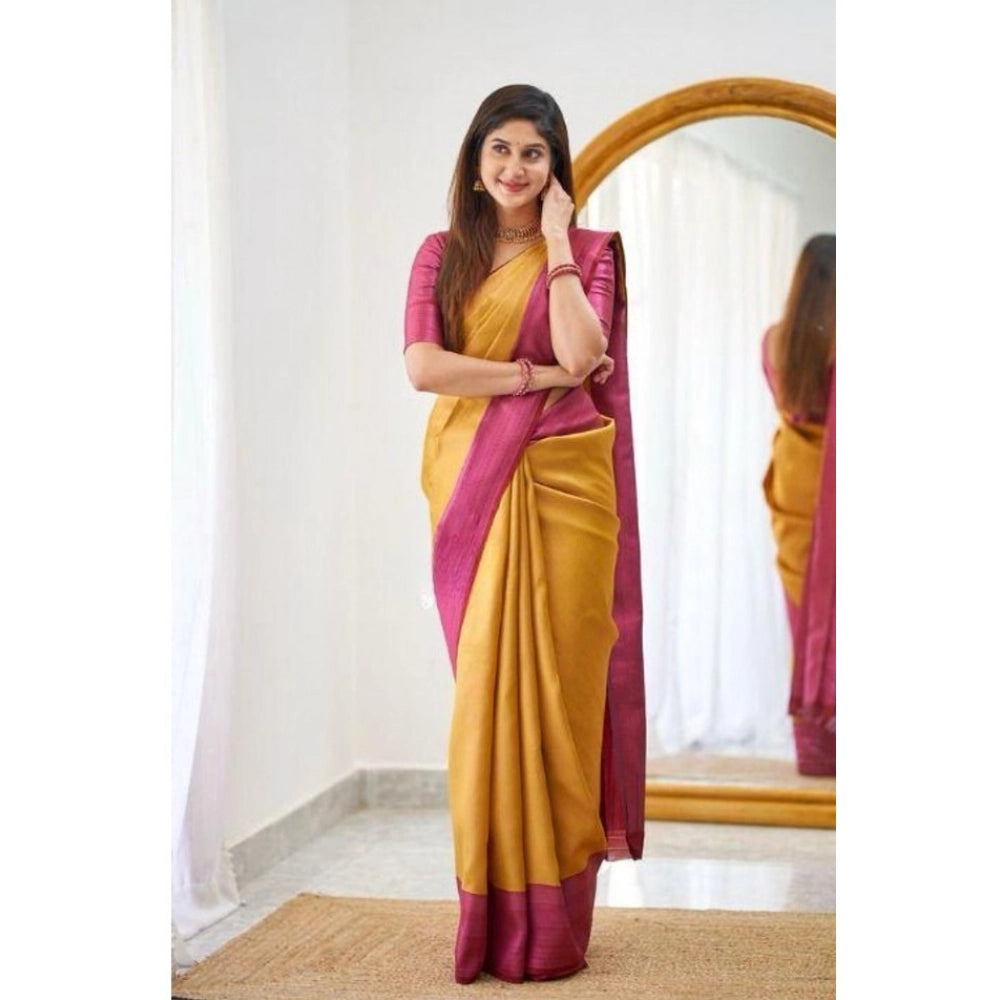 Women's Soft Lichi Silk Printed Saree With Unstitched Blouse 5.5Mtr (Mustard )