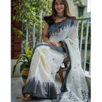 Women's Soft Lilan Printed Saree With Unstitched Blouse 5.5Mtr (White-Black)