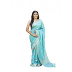 Women's Soft Lichi Silk Printed Saree With Unstitched Blouse 5.5Mtr (Sky-Blue)