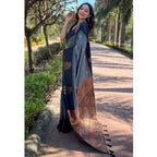 Women's Soft Lichi Silk Printed Saree With Unstitched Blouse 5.5Mtr (Grey)