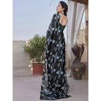 Women's Chiffon Printed Saree With Unstitched Blouse 5.5Mtr (Black)