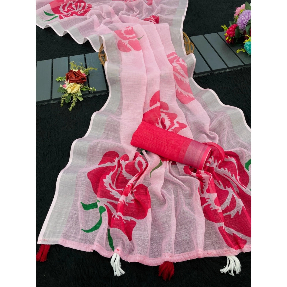 Women's Linen Cotton Printed Saree With Unstitched Blouse 5.5Mtr (Pink)