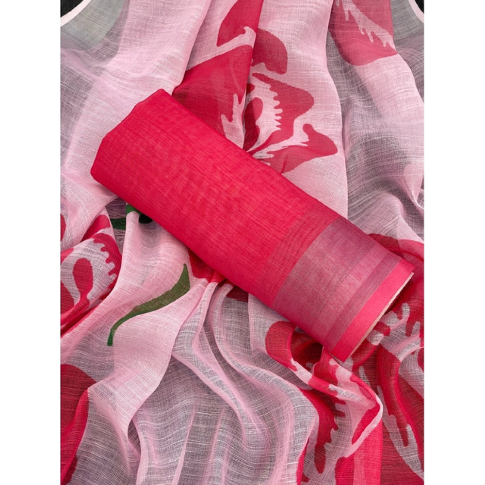 Women's Linen Cotton Printed Saree With Unstitched Blouse 5.5Mtr (Pink)