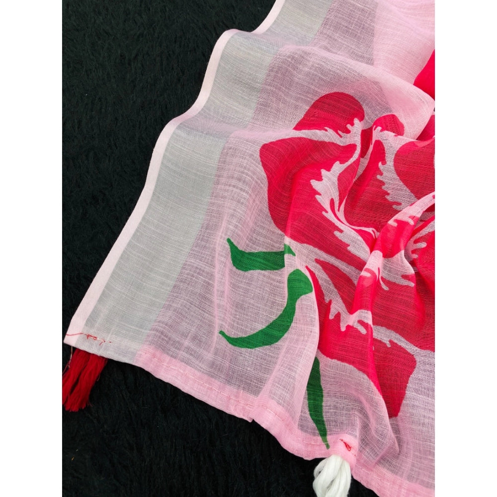 Women's Linen Cotton Printed Saree With Unstitched Blouse 5.5Mtr (Pink)