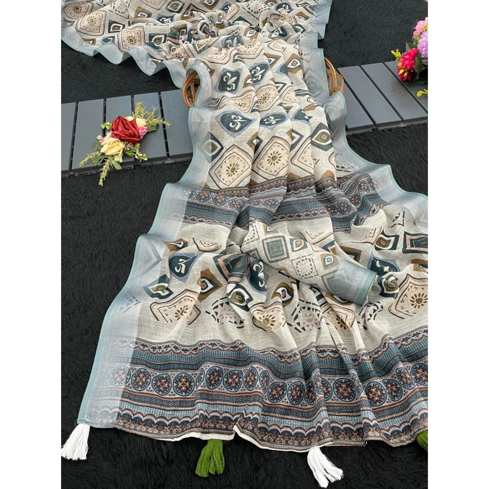Women's Linen Cotton Printed Saree With Unstitched Blouse 5.5Mtr (Grey)