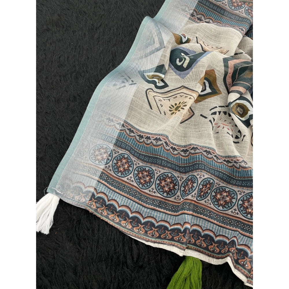 Women's Linen Cotton Printed Saree With Unstitched Blouse 5.5Mtr (Grey)