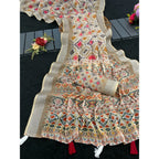 Women's Linen Cotton Printed Saree With Unstitched Blouse 5.5Mtr (Cream)