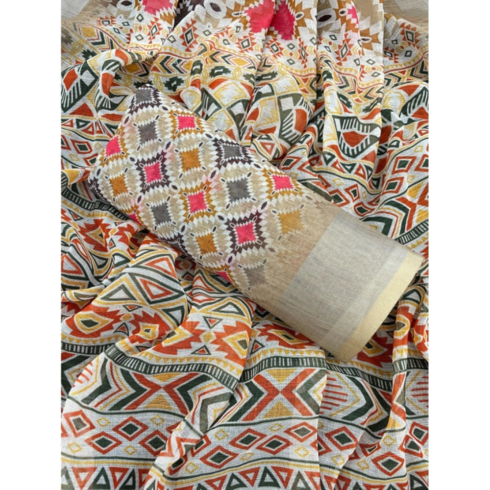 Women's Linen Cotton Printed Saree With Unstitched Blouse 5.5Mtr (Cream)