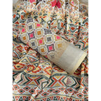 Women's Linen Cotton Printed Saree With Unstitched Blouse 5.5Mtr (Cream)