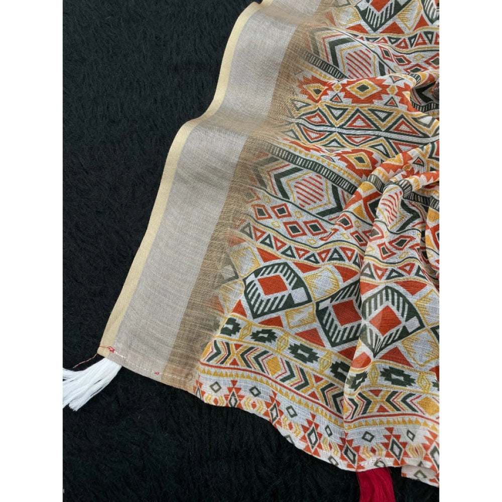 Women's Linen Cotton Printed Saree With Unstitched Blouse 5.5Mtr (Cream)
