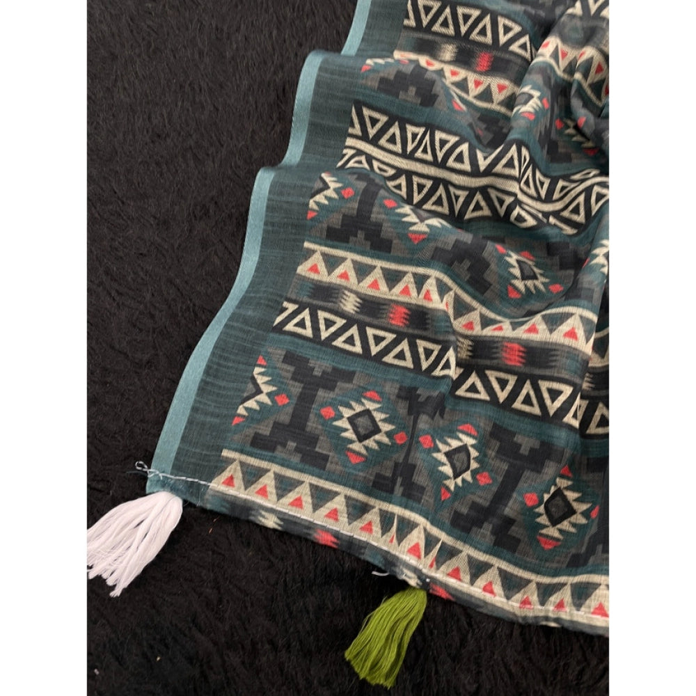 Women's Linen Cotton Printed Saree With Unstitched Blouse 5.5Mtr (Blue)