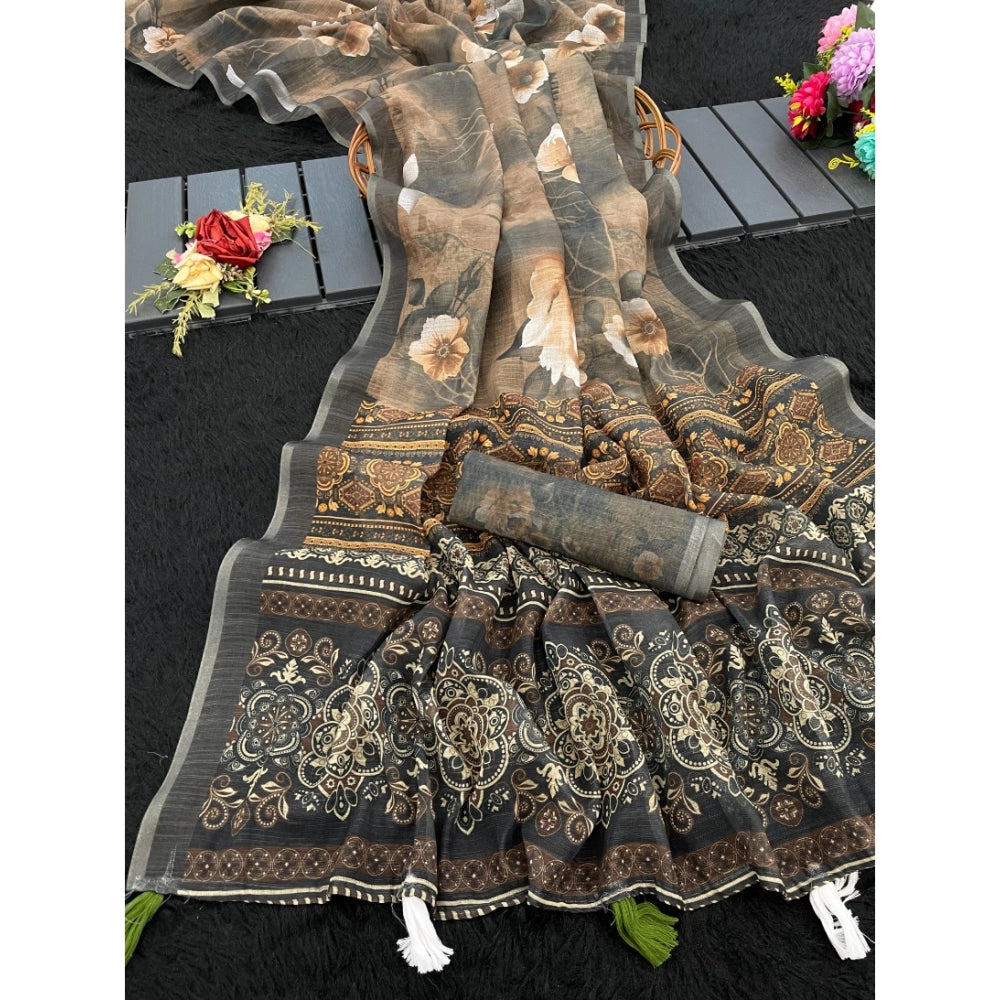 Women's Linen Cotton Printed Saree With Unstitched Blouse 5.5Mtr (Beige)