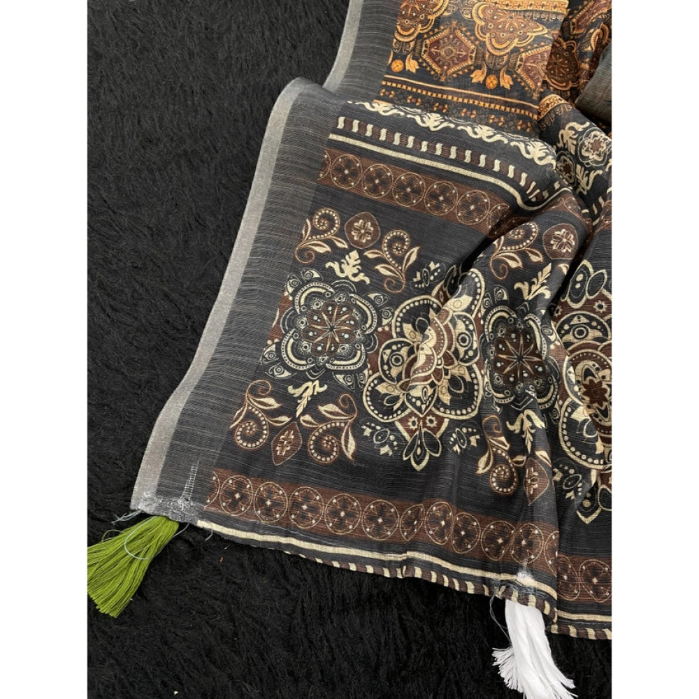 Women's Linen Cotton Printed Saree With Unstitched Blouse 5.5Mtr (Beige)