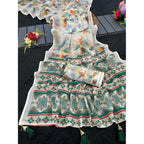 Women's Linen Cotton Printed Saree With Unstitched Blouse 5.5Mtr (Green)