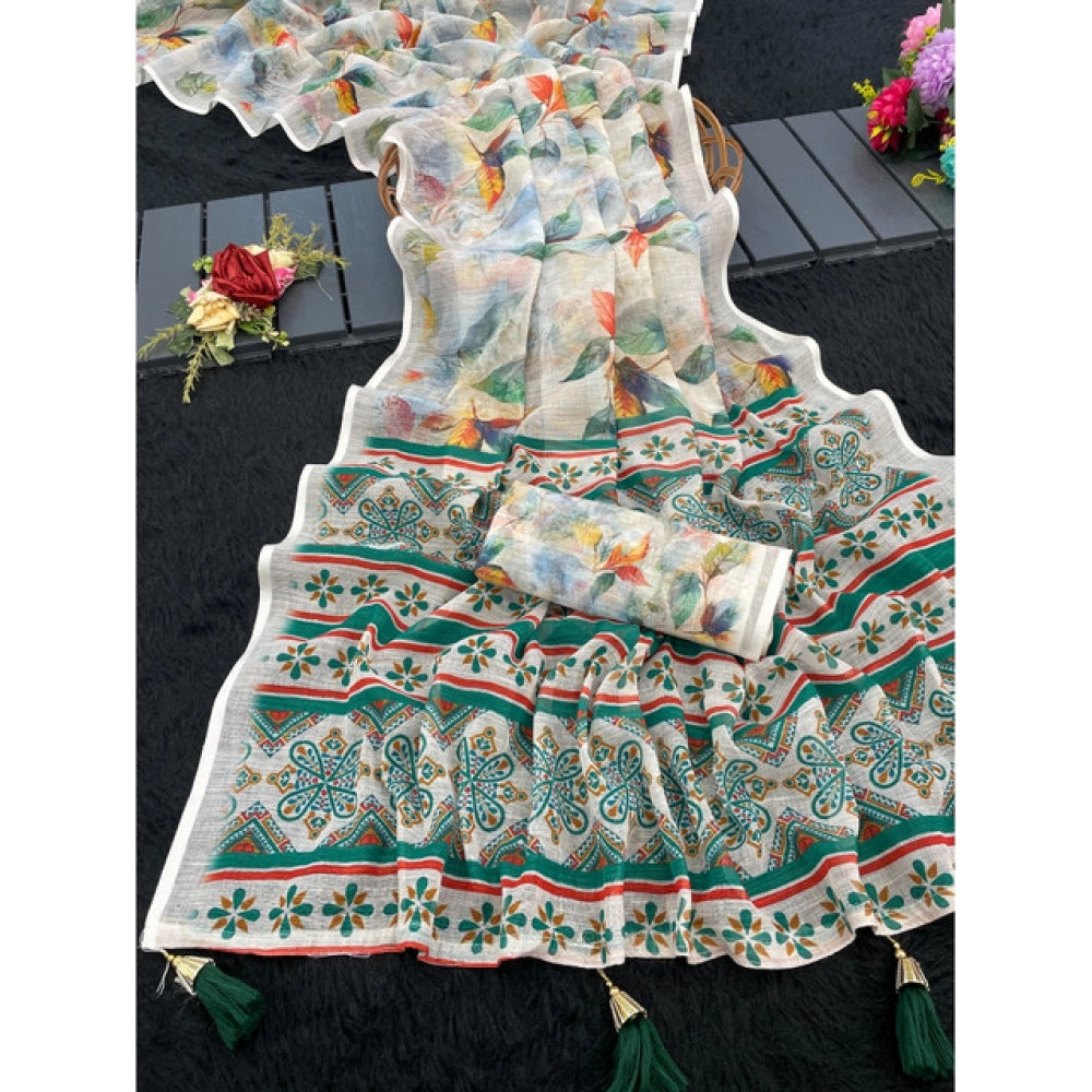 Women's Linen Cotton Printed Saree With Unstitched Blouse 5.5Mtr (Green)