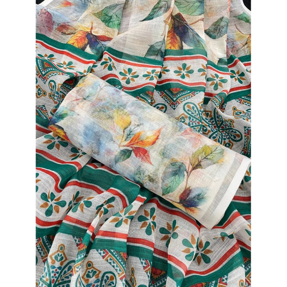 Women's Linen Cotton Printed Saree With Unstitched Blouse 5.5Mtr (Green)