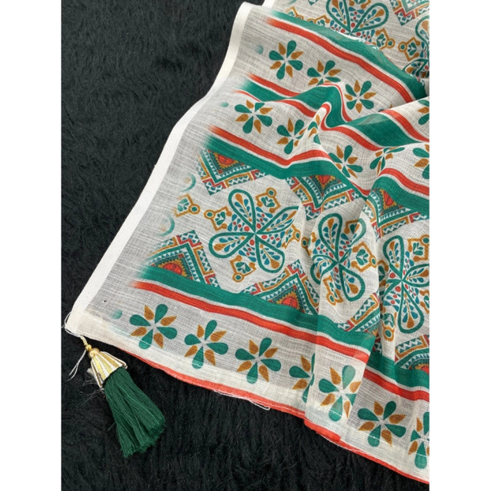 Women's Linen Cotton Printed Saree With Unstitched Blouse 5.5Mtr (Green)
