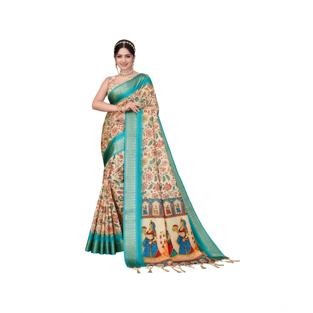 Women's Cotton Silk Printed Saree With Unstitched Blouse 5.5Mtr (Sky Blue)