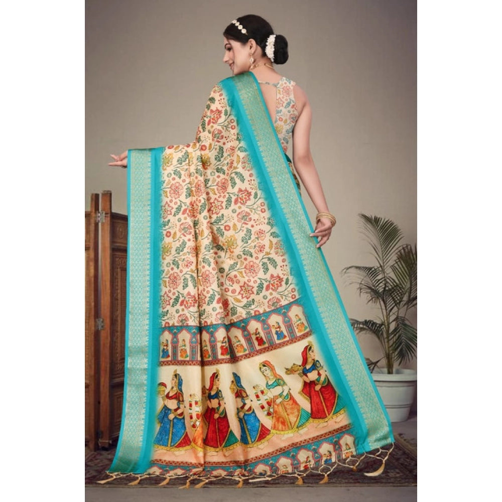Women's Cotton Silk Printed Saree With Unstitched Blouse 5.5Mtr (Sky Blue)