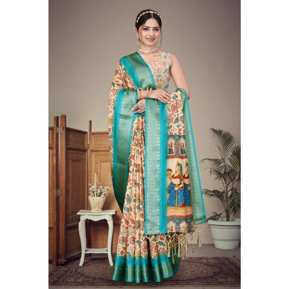 Women's Cotton Silk Printed Saree With Unstitched Blouse 5.5Mtr (Sky Blue)