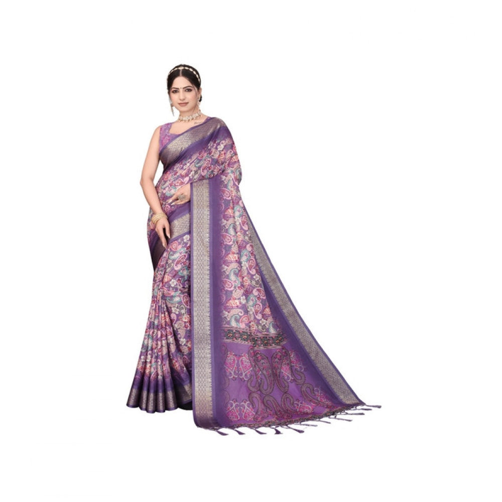 Women's Cotton Silk Printed Saree With Unstitched Blouse 5.5Mtr (Purple)