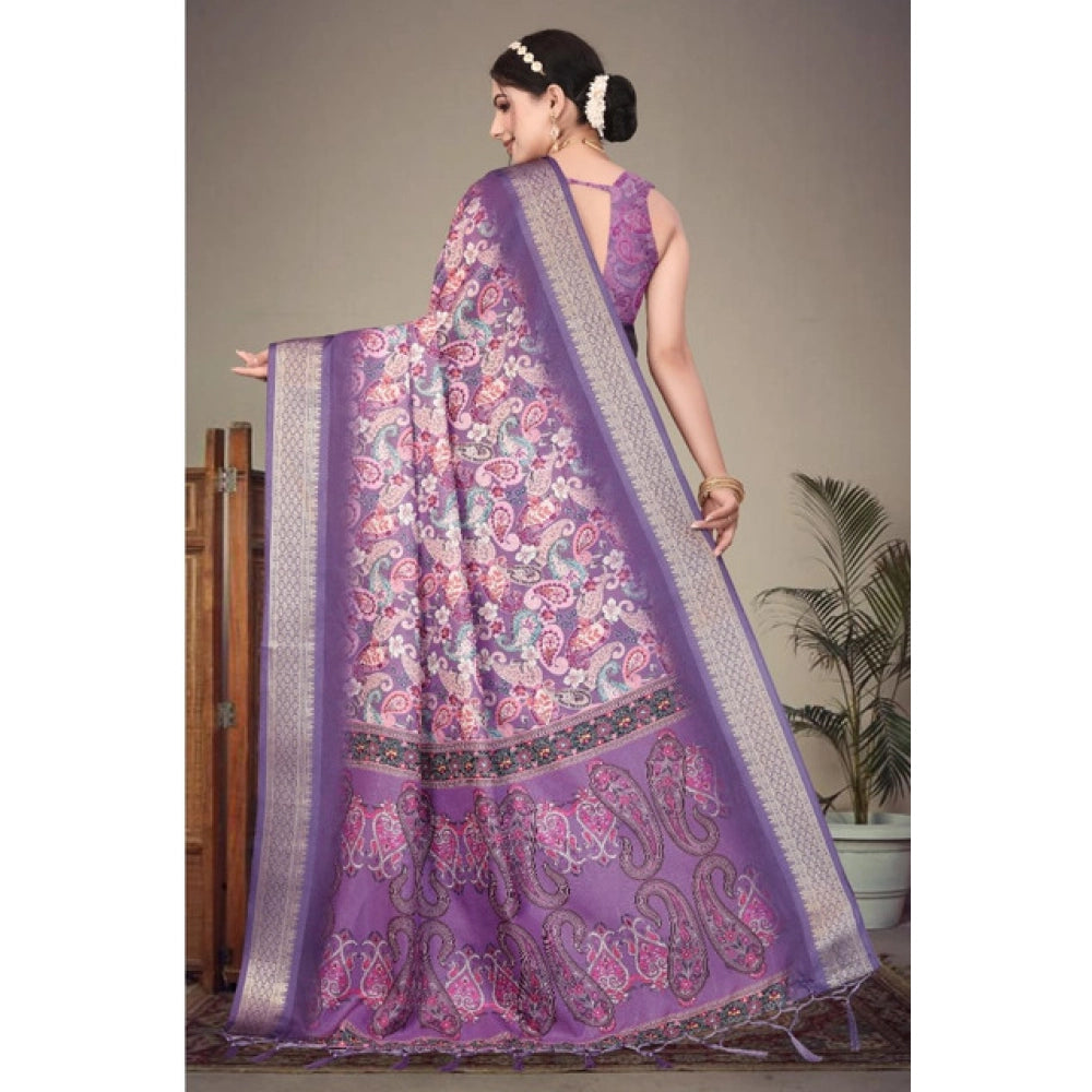 Women's Cotton Silk Printed Saree With Unstitched Blouse 5.5Mtr (Purple)