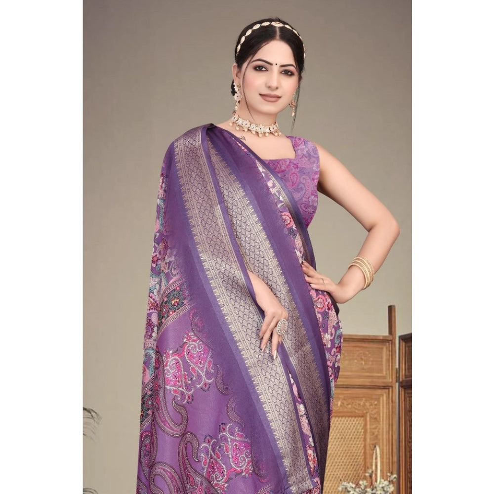 Women's Cotton Silk Printed Saree With Unstitched Blouse 5.5Mtr (Purple)